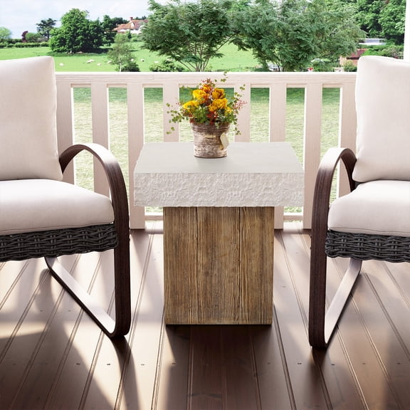 COSIEST Outdoor Medium Side Table, Patio Coffee Table, 19.7 inches Square MgO Table with Faux Wooden Pedestal Base, End Table for Patio, Garden, Backyard, Antique Beige