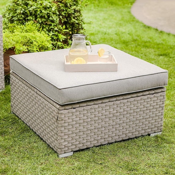 COSIEST Outdoor Ottoman Wicker Sectional Sofa Set with Warm Gray Cushion