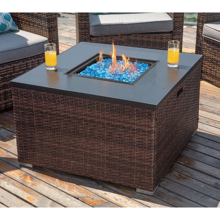 COSIEST Outdoor Patio Propane Fire Pit Square Espresso Brown Wicker Fire Table