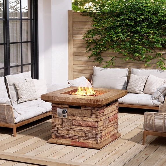 VENTOPYR Outdoor Propane 32-inch Square Fire Pit Table with Faux Brown Ledgestone