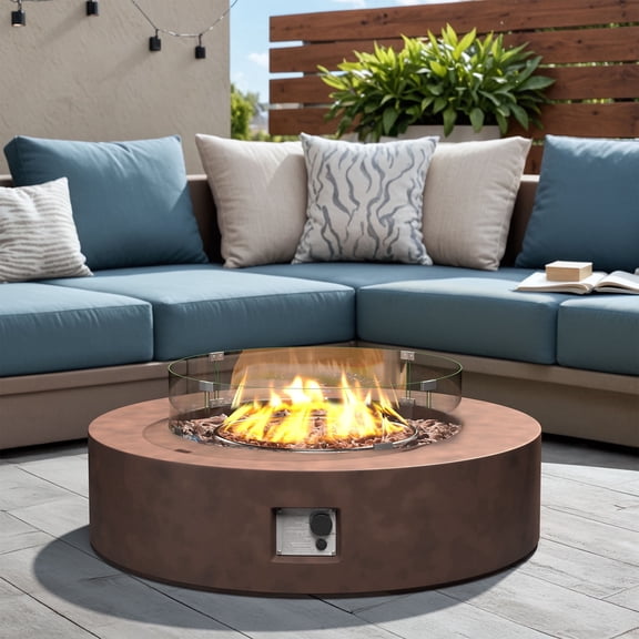 VENTOPYR Outdoor Propane Bronze Round Lightweight Concrete Fire Pit Coffee Table Patio Heater, Wind Guard