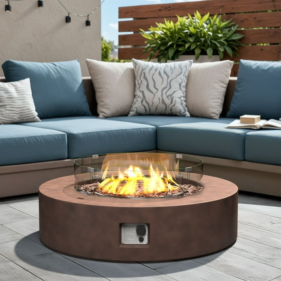 COSIEST Outdoor Propane Bronze Round Lightweight Concrete Fire Pit Coffee Table Patio Heater, Wind Guard