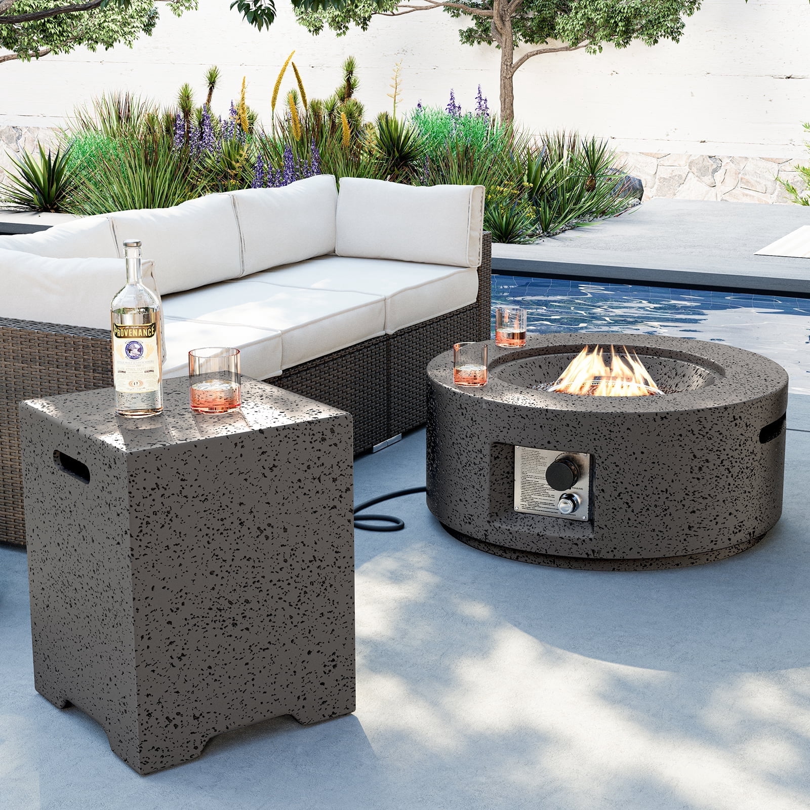VENTOPYR Outdoor Propane Fire Pit Coffee Table, 28-inch Magnesium Oxide Round Base Patio Heater, 40,000 BTU Stainless Steel Burner, Free Lava Rocks, Waterproof Cover, Tank Cover, Gray