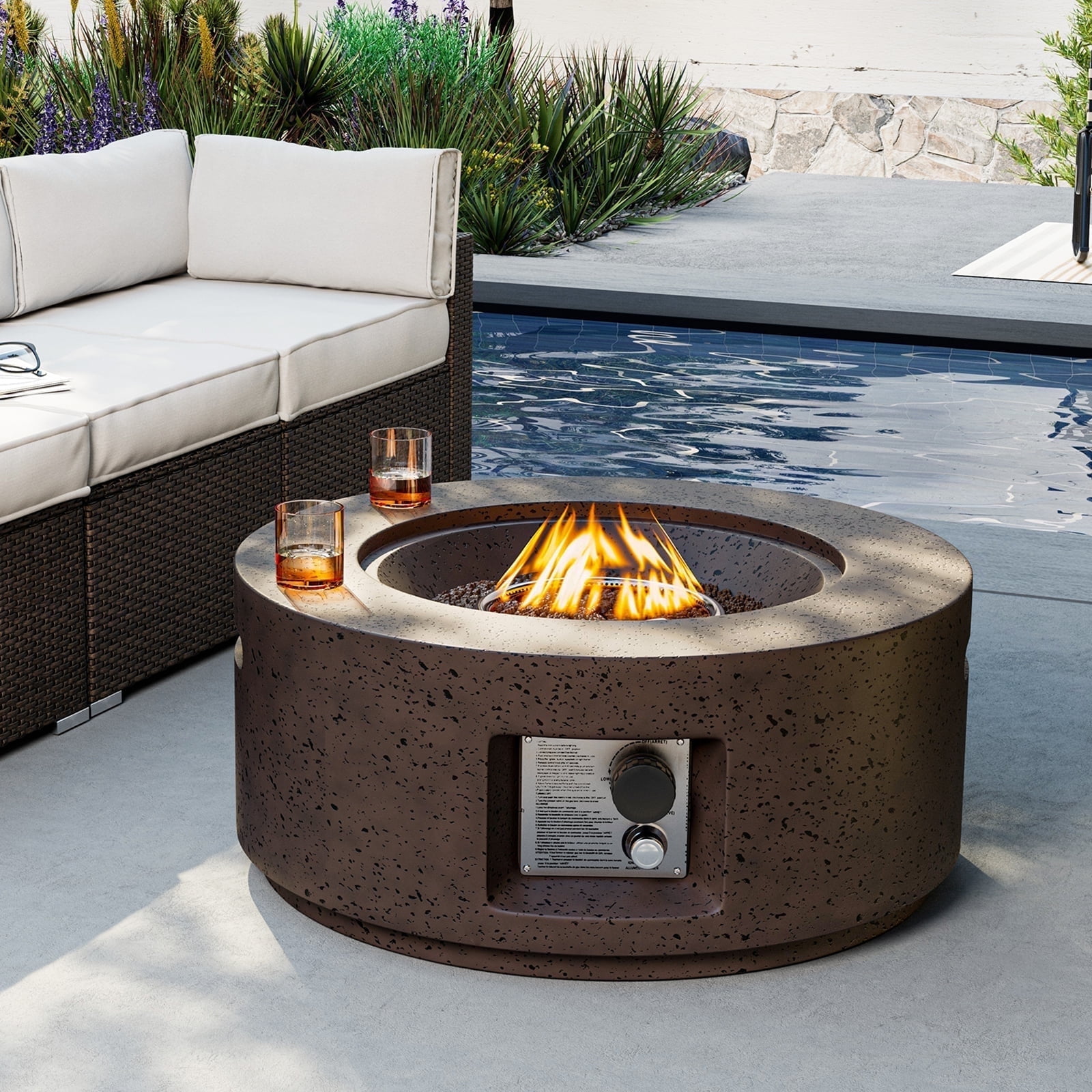 VENTOPYR 28" Outdoor Propane Fire Pit Table,40000 BTU Stainless Heater w/ Lava Rocks & Cover, Brown