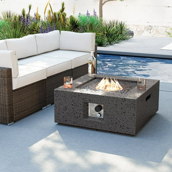 COSIEST Outdoor Propane Fire Pit Coffee Table, 28-inch Magnesium Oxide Square Base Patio Heater w 40,000 BTU Stainless Steel Burner, Free Lava Rocks and Rain Cover, Gray