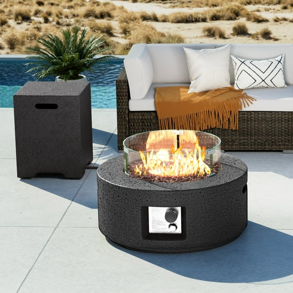COSIEST Outdoor Propane Fire Pit Coffee Table, 28-inch Round Base Patio Heater, 40,000 BTU Stainless Steel Burner, Free Lava Rocks, Waterproof Cover, Wind Guard, Tank Cover, Gray