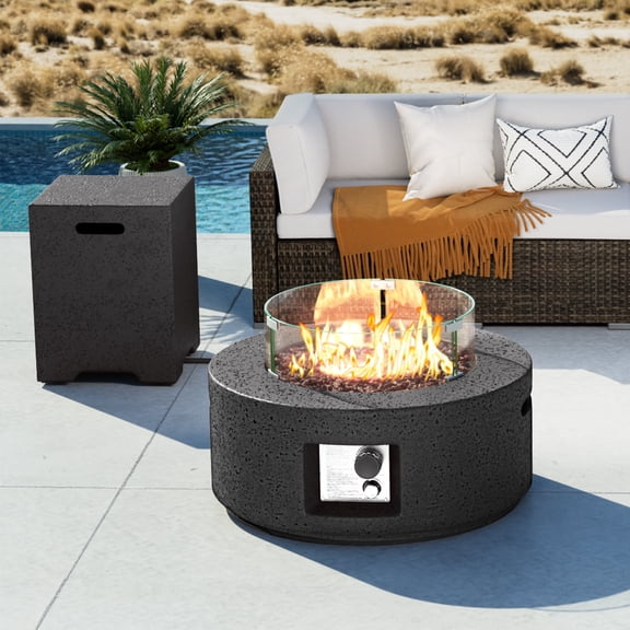 VENTOPYR Outdoor Propane Fire Pit Coffee Table, 28-inch Round Base Patio Heater, 40,000 BTU Stainless Steel Burner, Free Lava Rocks, Waterproof Cover, Wind Guard, Tank Cover, Gray