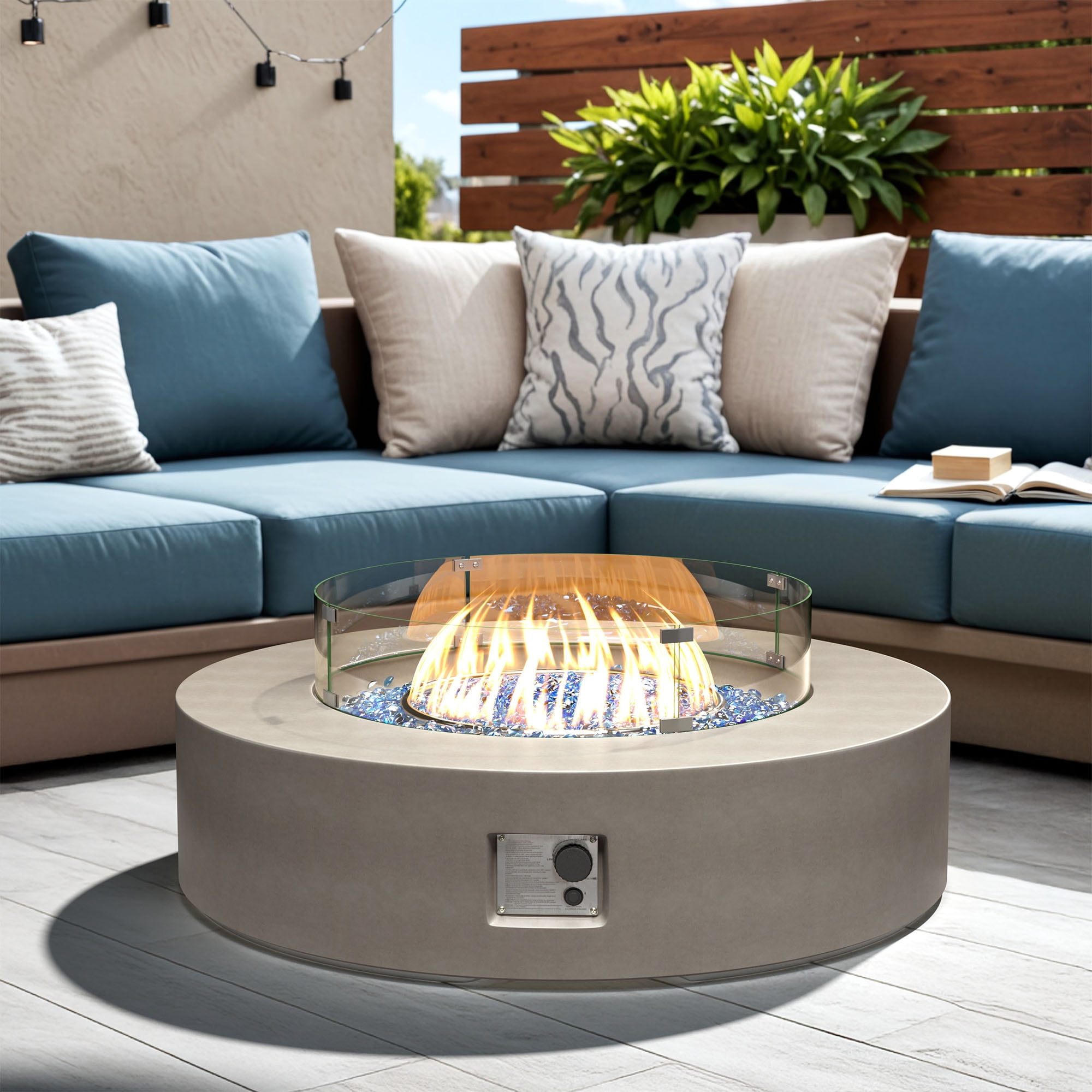 VENTOPYR Outdoor Propane Fire Pit Coffee Table, 40.5-inch Round, 50,000 BTU, Gray Finish with Wind Guard, Fire Glass, Rain Cover