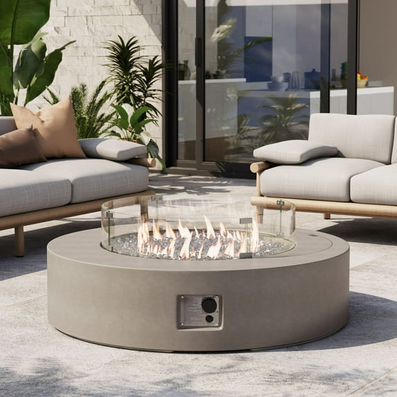 VENTOPYR Outdoor Propane Fire Pit Coffee Table w Gray 40.5-inch Round Base Patio Heater, 50,000 BTU Stainless Steel Burner, Wind Guard, Transparent Gray Fire Glass, Rain Cover