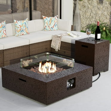 COSIEST Outdoor Propane Fire Pit Coffee Table w Square Faux Stone 35-inch Base, 50,000 BTU Stainless Steel Burner, Free Lava Rocks and Rain Cover, Wind Guard, Tank Cover, Brown