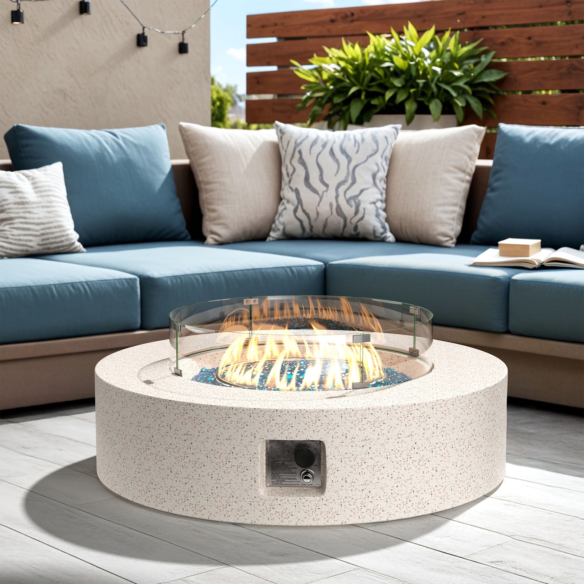 VENTOPYR Outdoor Propane Fire Pit Coffee Table, 40.5-inch Round, White Terrazzo Finish with Wind Guard, Aqua Blue Fire Glass, Rain Cover