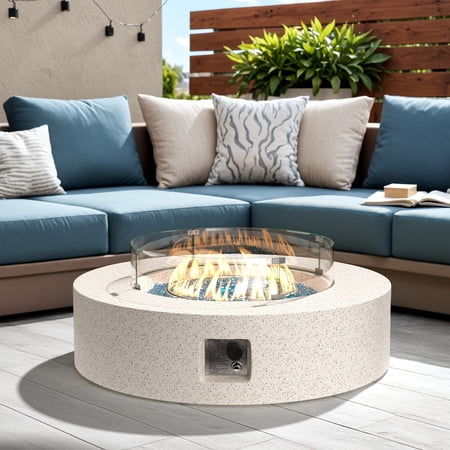 VENTOPYR Outdoor Propane Fire Pit Coffee Table, 40.5-inch Round, White Terrazzo Finish with Wind Guard, Aqua Blue Fire Glass, Rain Cover