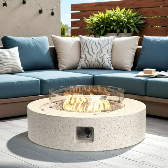 VENTOPYR Outdoor Propane Fire Pit Coffee Table w Terrazzo White 40.5-inch Round Base Patio Heater, Wind Guard, Transparent Gray Fire Glass, Rain Cover