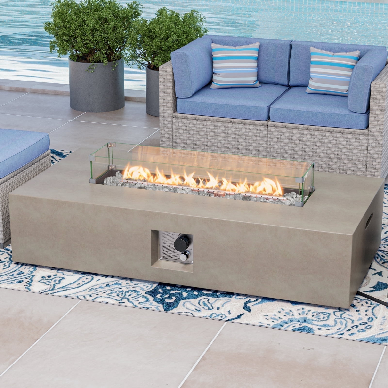 VENTOPYR Outdoor Rectangular Propane Fire Pit Table, Terrazzo Gray Concrete Finish, 50,000 BTU Stainless Steel Burner with Glass Wind Guard, Rain Cover