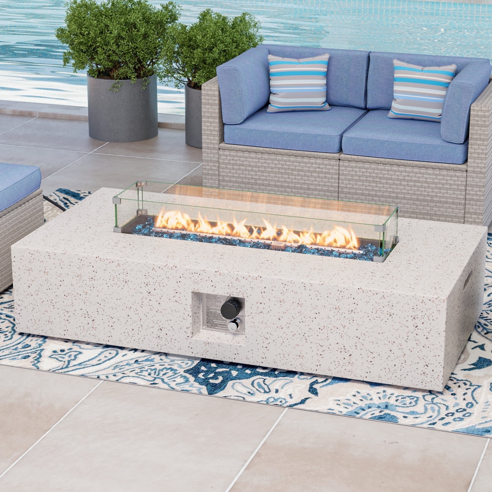 VENTOPYR Outdoor Propane Fire Pit Table, 56-inch x 28-inch Rectangle Terrazzo White Concrete-Like Finish, 50,000 BTU Stainless Steel Burner w Blue Fire Glass, Wind Guard, Raincover