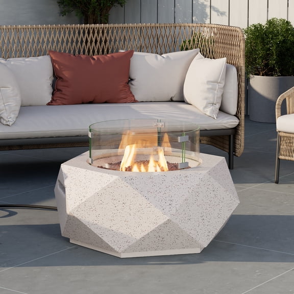COSIEST Outdoor Propane Fire Pit Table w Terrazzo White Faux Stone 24-inch Hexagon Base, 40,000 BTU Stainless Steel Burner, Wind Guard, Free Lava Rocks and Rain Cover