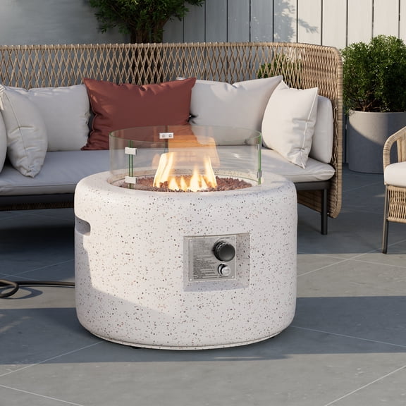 VENTOPYR Outdoor Propane Fire Pit Table w Terrazzo White Faux Stone 25.6-inch Round Base, 40,000 BTU Stainless Steel Burner, Wind Guard, Free Lava Rocks and Rain Cover