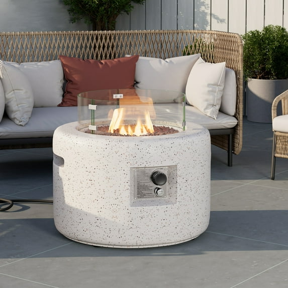COSIEST Outdoor Propane Fire Pit Table w Terrazzo White Faux Stone 25.6-inch Round Base, 40,000 BTU Stainless Steel Burner, Wind Guard, Free Lava Rocks and Rain Cover
