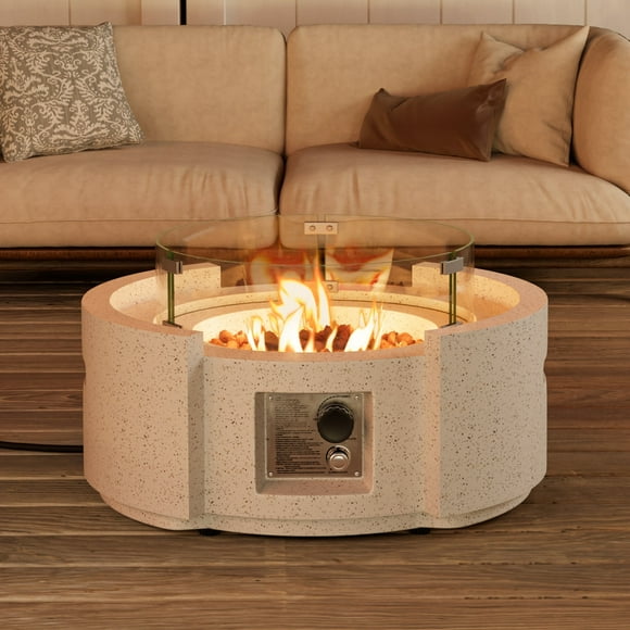 COSIEST Outdoor Propane Fire Pit Table w Terrazzo White Faux Stone 27.6-inch X 24.2-inch Round Base, 40,000 BTU Stainless Steel Burner, Wind Guard, Free Lava Rocks and Rain Cover