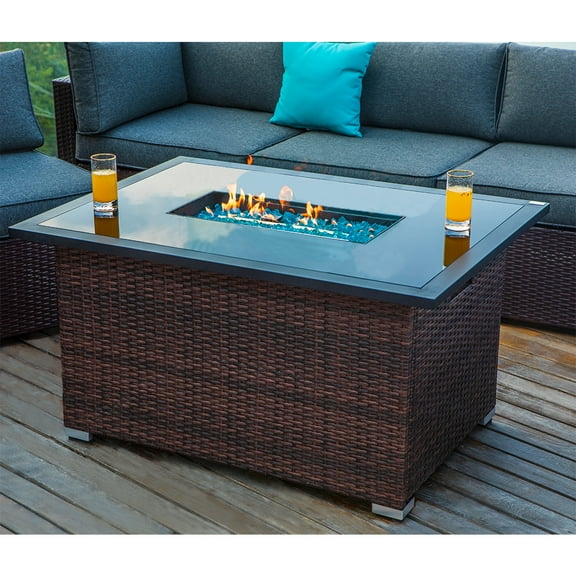 COSIEST Outdoor Propane Fire Table Rectangle Espresso Brown Wicker Fire Pit