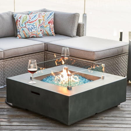 COSIEST Outdoor Propane Greyish-Green Square Fire Pit Table, Wind Guard