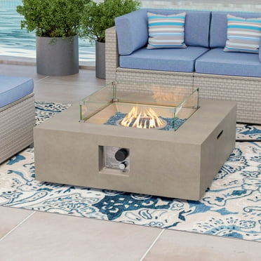 COSIEST Outdoor Propane Square Fire Pit Table, Gray Faux Stone 35-inch Planter Base, 50,000 BTU Stainless Steel Burner, Aqua Blue Fire Glass and Rain Cover, Metal Lid