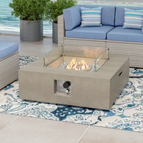 COSIEST Outdoor Propane Square Fire Pit Table, Gray Faux Stone 35-inch Planter Base, 50,000 BTU Stainless Steel Burner, Transparent Gray Fire Glass and Rain Cover, Metal Lid