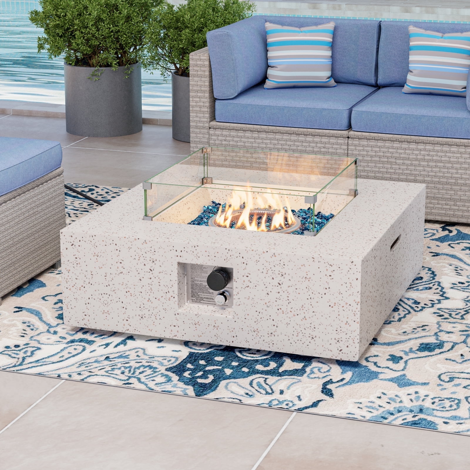 VENTOPYR Outdoor Propane Square Fire Pit Table, Terrazzo White Faux Stone 35-inch Planter Base, 50,000 BTU Stainless Steel Burner, Aqua Blue Fire Glass and Rain Cover, Metal Lid
