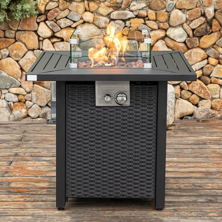 COSIEST Outdoor Propane Square Metal Fire Pit Table Black Brown with Wind Guard