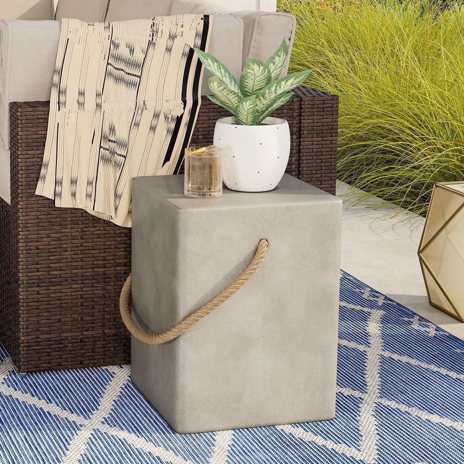 COSIEST Outdoor Rectangular Shaped MgO Patio End Table with Hemp Rope ...