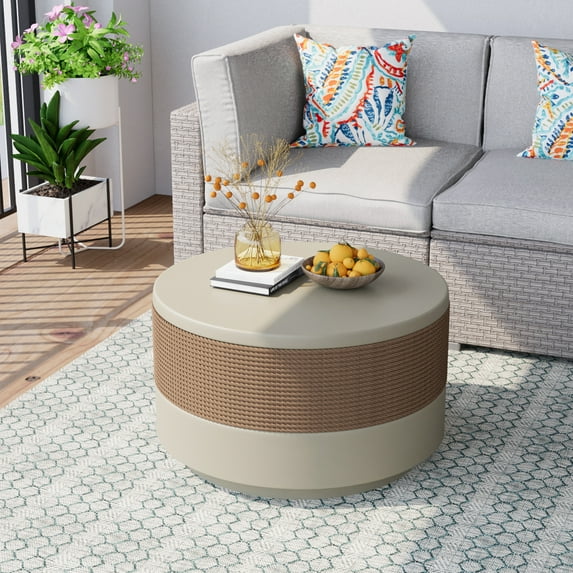 COSIEST Outdoor Round MgO Light Grey Centerpiece Coffee Table with Hemp Rope Decor