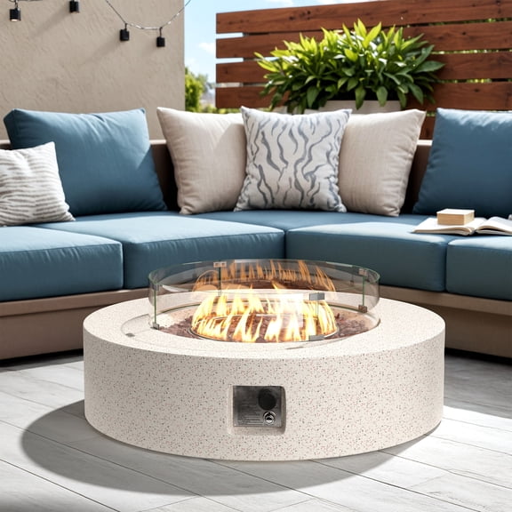 VENTOPYR Outdoor Round Terrazzo White Propane Fire Pit Coffee Table w Wind Guard (Tank Outside)