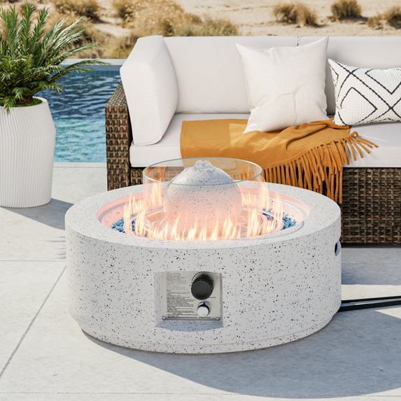 COSIEST Outdoor Round Terrazzo White Propane Fountain Fire Pit Table (Tank Outside)