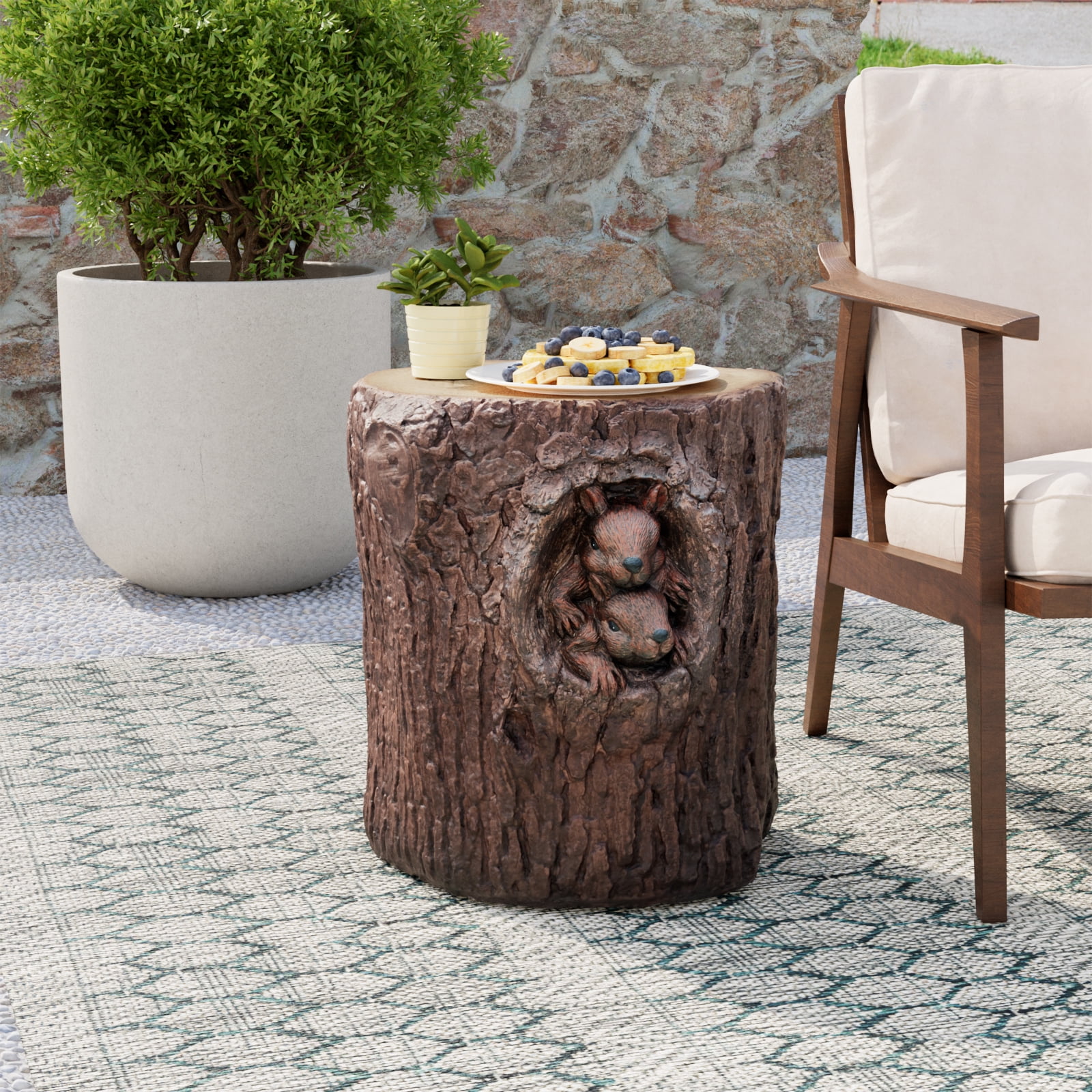 COSIEST Outdoor Side Table Faux Wood, Hand-Painted Wood Stump