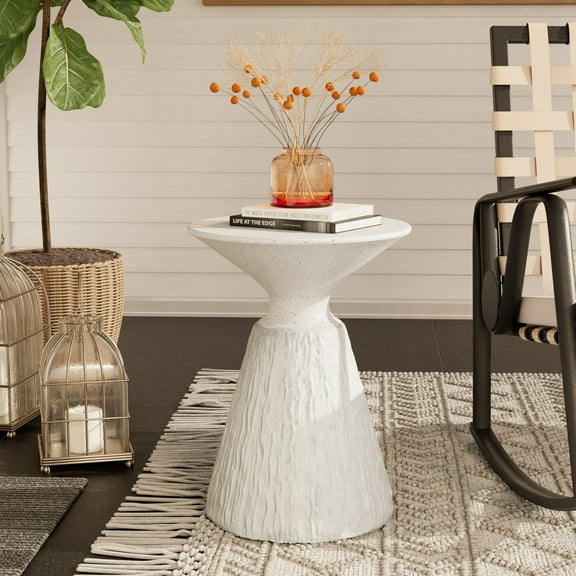 COSIEST Outdoor Side Table, Mushroom Shaped MgO Accent Table, Lightweight Patio End Table w Round Base, Top Plant Stand for Garden and Deck, Spotted White
