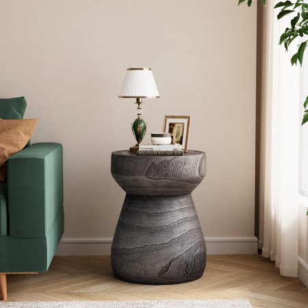 COSIEST Outdoor Side Table w Chessboard, 14''Concrete Side Table Round, Lightweight Outdoor Faux Wooden Table, Decor End Table, Garden Stool Log Table, Plant Stand for Garden and Deck, Grey