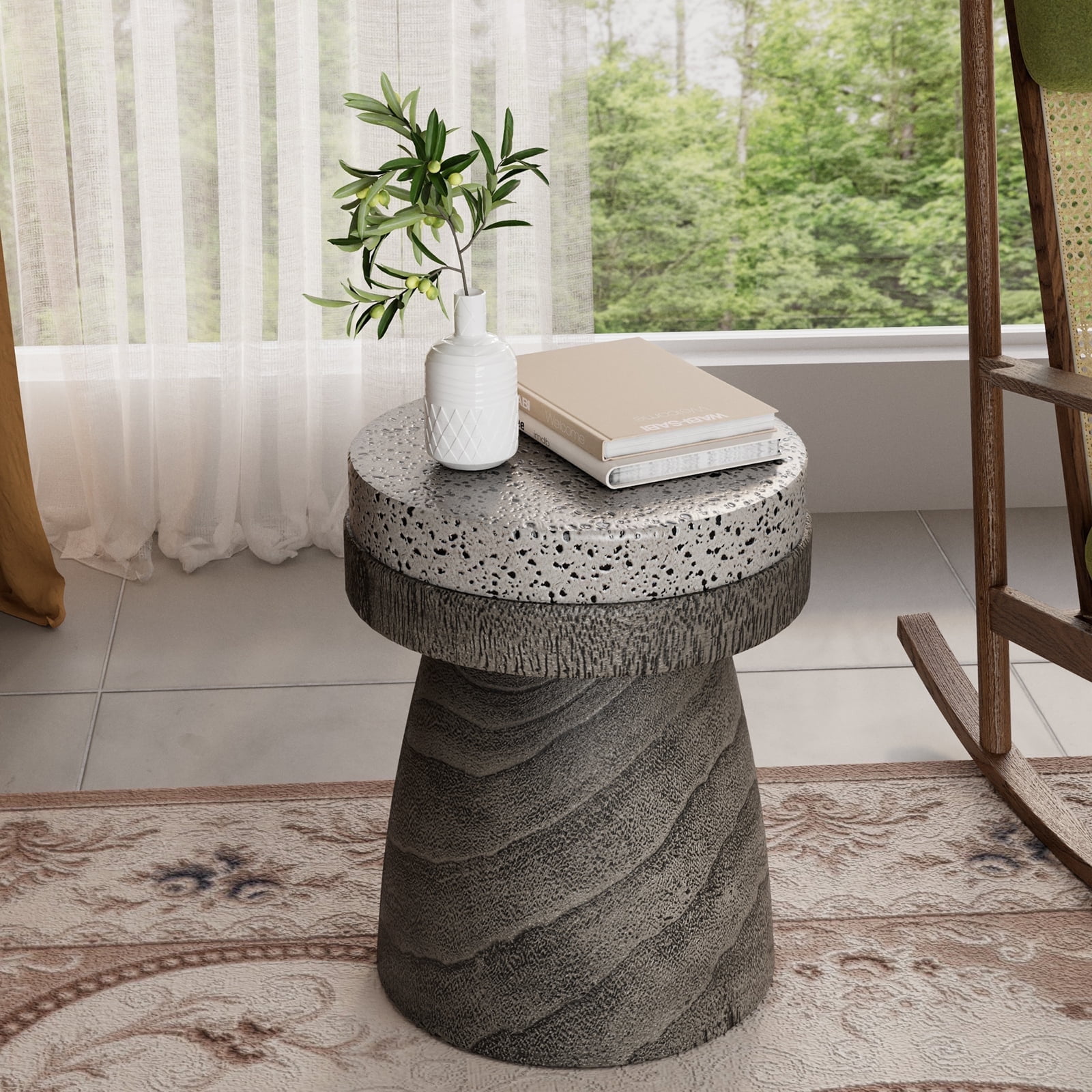 COSIEST Outdoor Round Side Table with Spotted Concrete Top