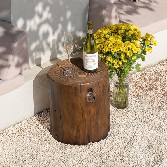 VENTOPYR Painted Brown Concrete End Table, Faux Wood Tree-Trunk Stool