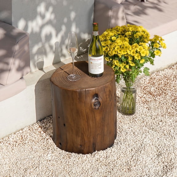VENTOPYR Painted Brown Concrete End Table, Faux Wood Tree-Trunk Stool