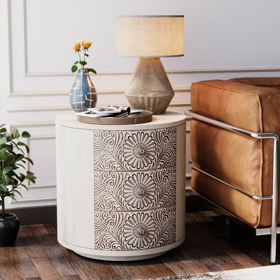 COSIEST Round Light Gray 3-Drawer Nightstand,MDF Vintage Storage Cabinet for Bedroom, Living Room