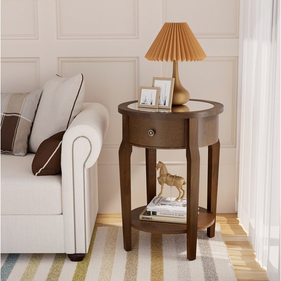 COSIEST Rustic Solid Wood Mirrored Tabletop Brown Side Table with Drawer for Living Room