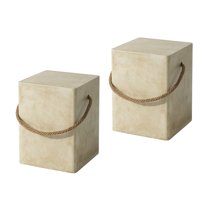 COSIEST Set of 2 Concrete Side Table, Rectangular Outdoor Side Table w Hemp Rope Handles,15''Patio Side Tables End Table, Outdoor Accent Side Table for Garden and Patio, Beige