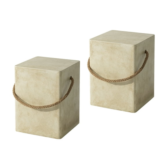 COSIEST Set of 2 Concrete Side Table, Rectangular Outdoor Side Table w Hemp Rope Handles,15''Patio Side Tables End Table, Outdoor Accent Side Table for Garden and Patio, Beige
