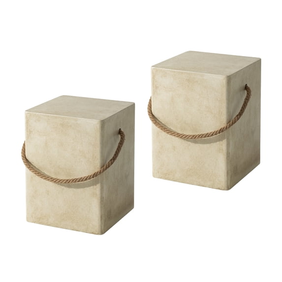 VENTOPYR Set of 2 Concrete Side Table, Rectangular Outdoor Side Table w Hemp Rope Handles,15''Patio Side Tables End Table, Outdoor Accent Side Table for Garden and Patio, Beige