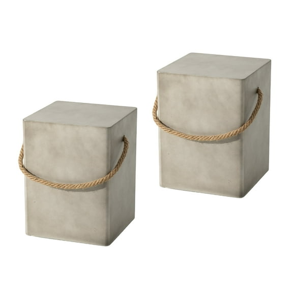 COSIEST Set of 2 Concrete Side Tables with Hemp Rope Handles, Rectangular 15-Inch Outdoor Accent Tables for Garden and Patio, Grey