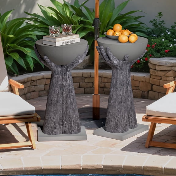 VENTOPYR Set of 2 Outdoor Side Table, Two Hands-Shaped Base w Round Top Accent Table, Lightweight Plant Stand, Concrete Finish