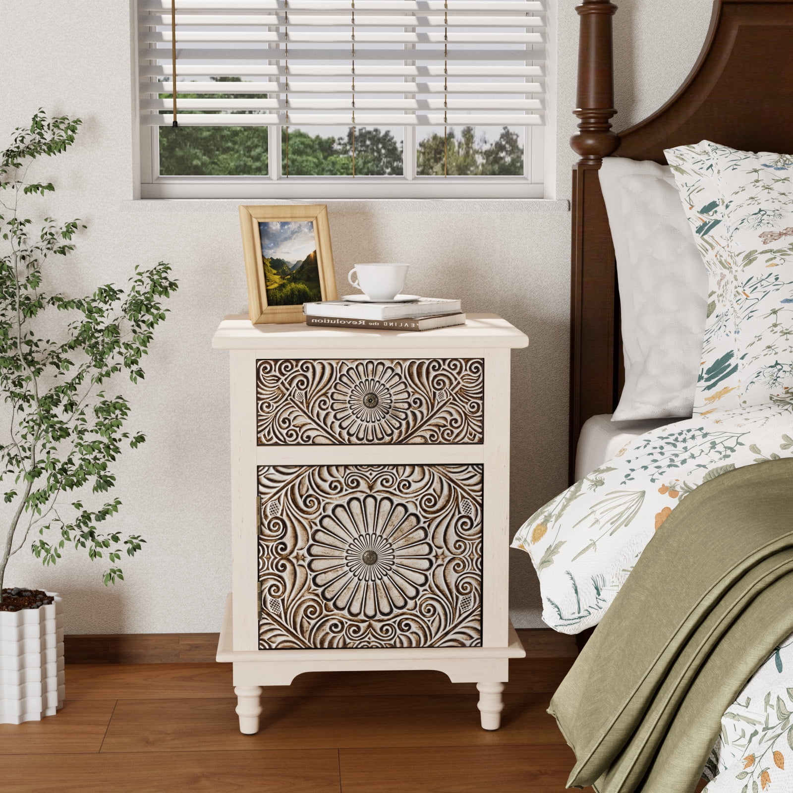 Light Gray Floral Carved MDF Nightstand with Drawer