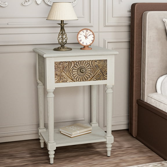 COSIEST Vintage Nightstand with Storage Drawer,2-Tier Light Grey MDF Bedside Table for Small Spaces
