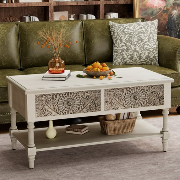 COSIEST Vintage Rectangular Coffee Table w Drawers, Farmhouse 2 Tier Small Wood Coffee Table with Solid Wood Legs