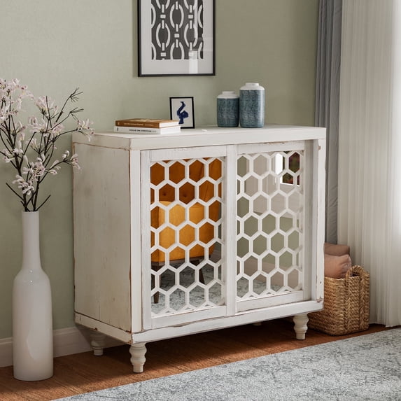 COSIEST White MDF Sideboard Buffet Cabinet with Mirrored Doors